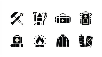 Collection of Eight Black and White Icons Representing Essential Outdoor Survival Gear and Tools for Camping and Hiking Adventures