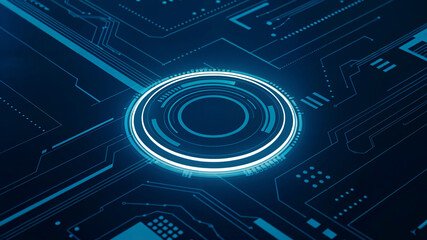 Glowing Abstract AI Neon Circle Portal on Circuit Board Technology Background with Futuristic Processor and Light Blue Digital Tech Design