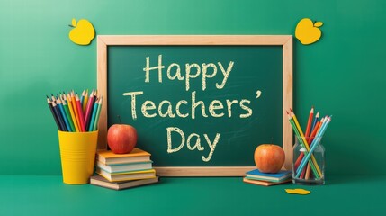 Celebrate teachers with a charming chalkboard scene featuring pencils, apples, and books. Perfect for showcasing appreciation on teachers day.