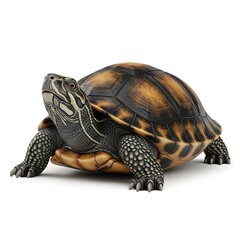 Detailed  shot of a visually striking turtle, showcasing intricate patterns and textures against a plain white backdrop.