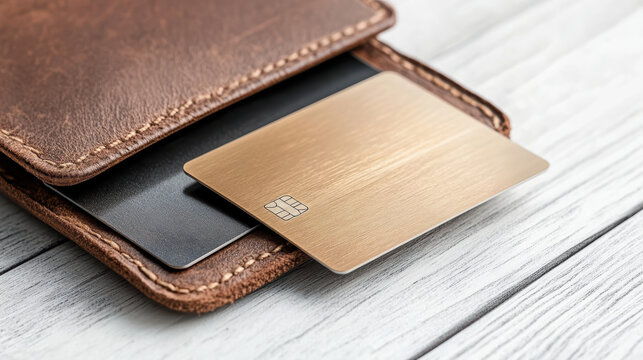 Close up of gold credit card in wallet, showcasing luxury and elegance
