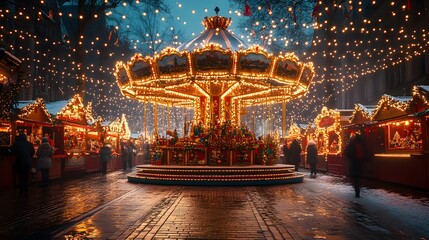 Brightly lit carousel at a bustling Christmas market in the evening with festive decorations and holiday shoppers
