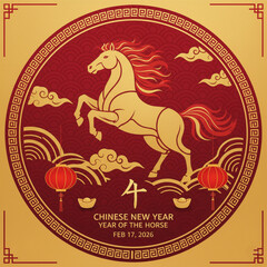 Chinese New Year vector illustration featuring Year of the Horse theme, traditional red and gold design, zodiac animal, festive decoration, perfect for celebration, greeting cards, and cultural projec