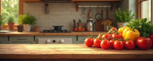 Rustic kitchen table displays fresh tomatoes, yellow bell peppers with parsley. Ingredients sit on wooden surface. Kitchen background with plants, stovetop, cabinets. Healthy food preparation concept.