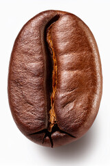 Detailed view of a single roasted coffee bean, showcasing its natural oils and groove, ideal for educational content on food and agriculture.
