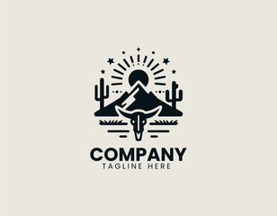 Vector logo shows desert mountains with cactus and sun rays in minimal design