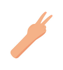 Cartoon style hand with palm and fingers showing number two. Gesture of a bare hand with two fingers up. Flat graphic element for basic math, education visuals, or counting concepts.