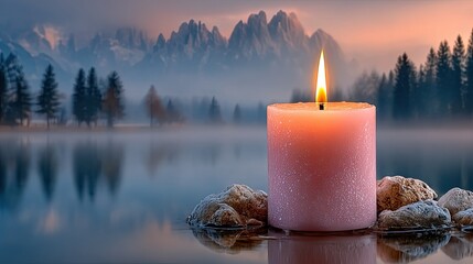 Pink candle on lake, misty mountains