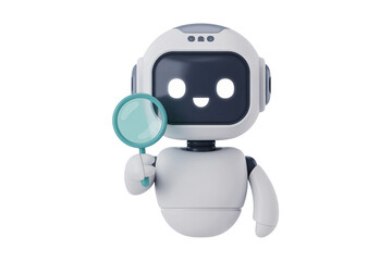 Friendly AI robot holding magnifying glass for research and analysis