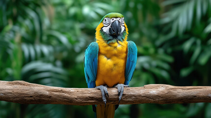 Obraz premium Vibrant parrot perched on branch, showcasing bright blue and yellow feathers in lush greenery