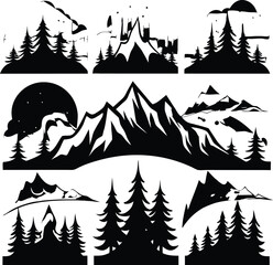 Obraz premium Black Mountain and Pine Tree Silhouettes Landscape Vector Art