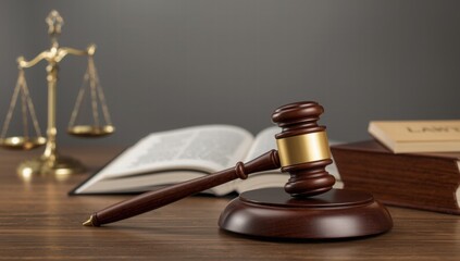 Gavel scales and books represent justice and law in legal design. Suitable for law firm websites, legal presentations, and print materials.