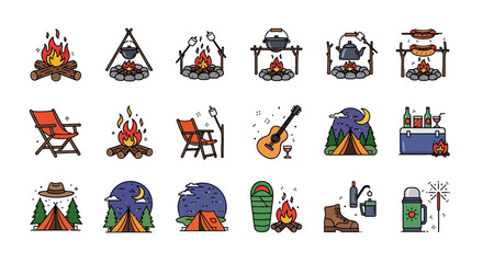 Collection of camping icons featuring campfire cooking, tents, chairs, guitar, sleeping bag, and other outdoor recreation elements.