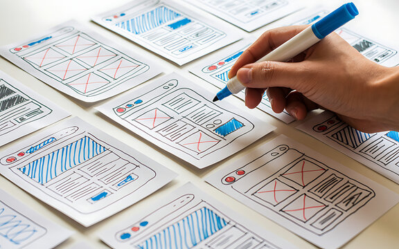 Close up of a hand sketching multiple user interface wireframe layouts on paper with a blue marker for app design
