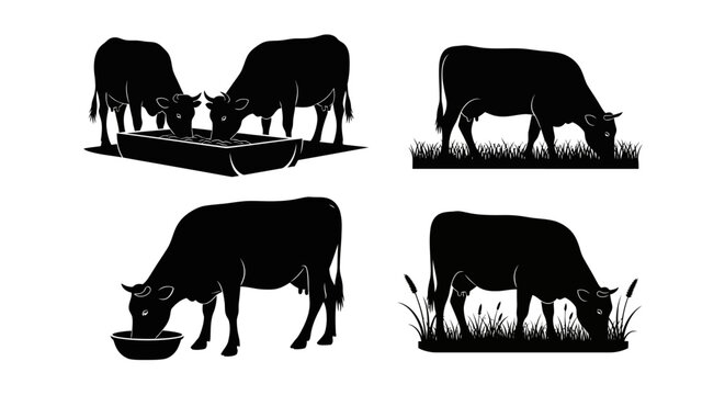 Four black silhouette illustrations of cows in different poses, including drinking from a trough and grazing in grass.