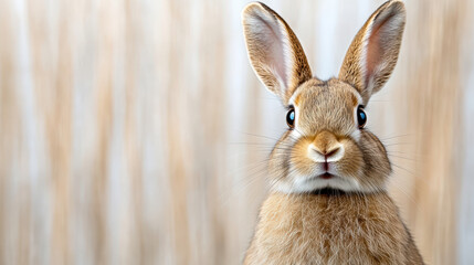 Fototapeta premium Fluffy rabbit with large ears and bright eyes, looking curiously at camera