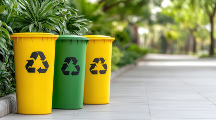 Close up of recycling bins in vibrant colors with clear labels, promoting eco friendly practices