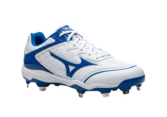 A white and blue mizuno baseball cleat isolated on transparent background, designed for optimal performance and support on the field during gameplay