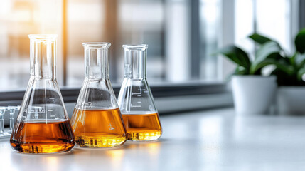 Close up of science beakers with colorful liquids reflecting sunlight in laboratory setting