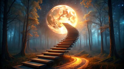 Obraz premium A glowing staircase ascends toward a bright full moon in a dark forest