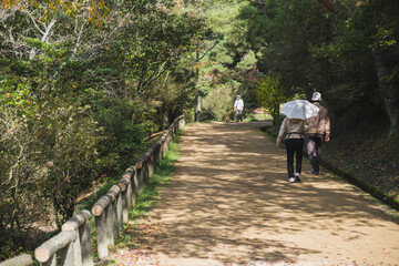 深山公園、秋の山道をハイキングする人々、岡山、日本