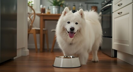White dog eating from bowl in kitchen