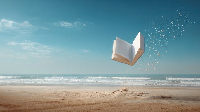 Open book floating in the air above a sandy beach and ocean waves