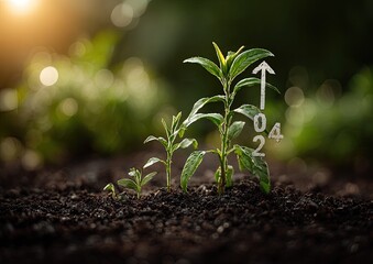 Three young plants growing in soil, marked with upward arrow and years 2002 and 2004