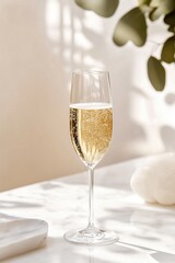 Elegant champagne glass on marble table in sunlit setting