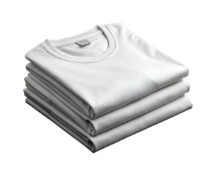 Four neatly folded white t-shirts stacked on top of each other. The background is transparent, suitable for mockup use.