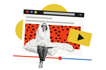 Composite photo collage of happy girl sit video social media play icon cover duvet slumber vlog playlist isolated on painted background