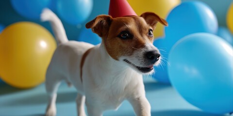 Happy jack russell terrier at colorful birthday party with balloons and party hat