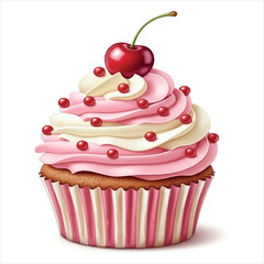 Whimsical Cherry Topped Cupcake Delight Pink and White Frosted Treat Adorned with Miniature Red Candies Sweet Indulgence and Bakery Confection