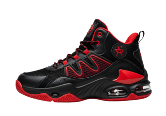 Side view of a black and red basketball shoe isolated on transparent background the shoe is designed for high performance and style on the court