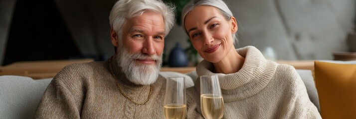 Elderly caucasian couple enjoying wine together indoors