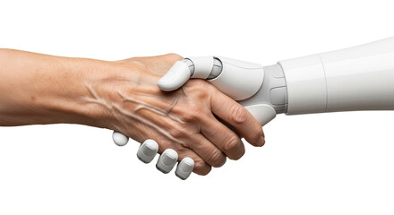 Handshake between white AI robot and elderly male human, isolated on transparent background