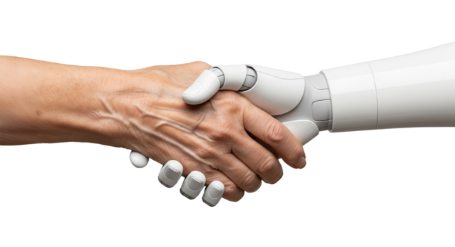 Handshake between white AI robot and elderly male human, isolated on transparent background