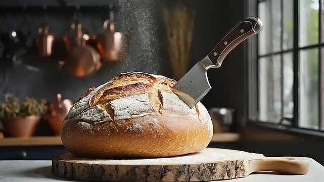 Loaf of bread on wooden board being cut by a knife, flour dusts the air