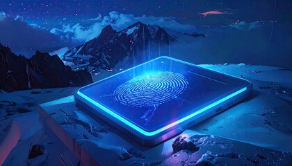 Futuristic Tablet Encryption Interface Against Mountain Range Under Blue Sky Digital Artwork
