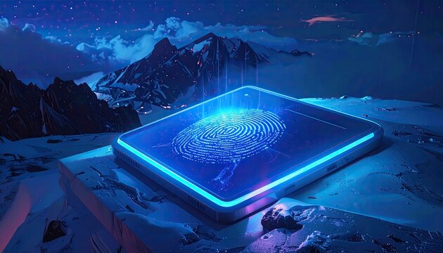 Futuristic Tablet Encryption Interface Against Mountain Range Under Blue Sky Digital Artwork