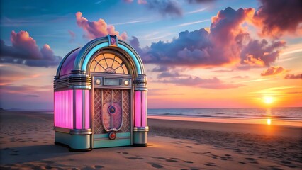 Vintage jukebox stands on a sandy beach beneath a vibrant sunset sky