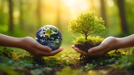 Hands holding a globe and a small tree symbolize environmental protection in a peaceful forest setting