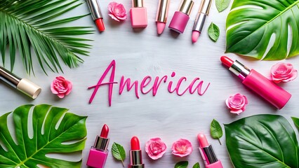 Cosmetic display with lipsticks flowers and the word America in pink