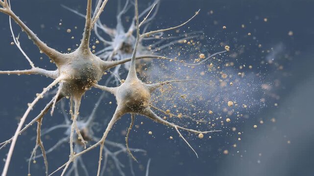 Two neurons with a lot of dust on them. The dust is coming from the neurons. Realistic detailed illustration of neurons decaying and breaking apart, rotten brain medical infographic concept
