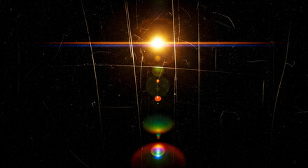 Cinematic lens flare overlay with vertical orange light on black background, abstract anamorphic...