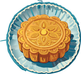 Ornate mooncake on decorative plate for teaching youth about traditional food and symbolism
