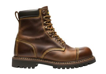 A brown leather work boot isolated on transparent background, showcasing its sturdy construction and classic design for demanding work environments