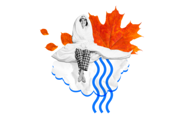 Composite photo collage of happy girl sit cover duvet slumber wear mask pajamas autumn dry maple leaf autumn isolated on painted background