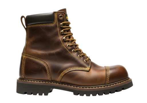 A brown leather work boot isolated on transparent background, showcasing its sturdy construction and classic design for demanding work environments