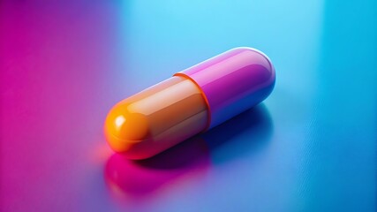 A vibrant two tone capsule pill rests on a colorful gradient background
